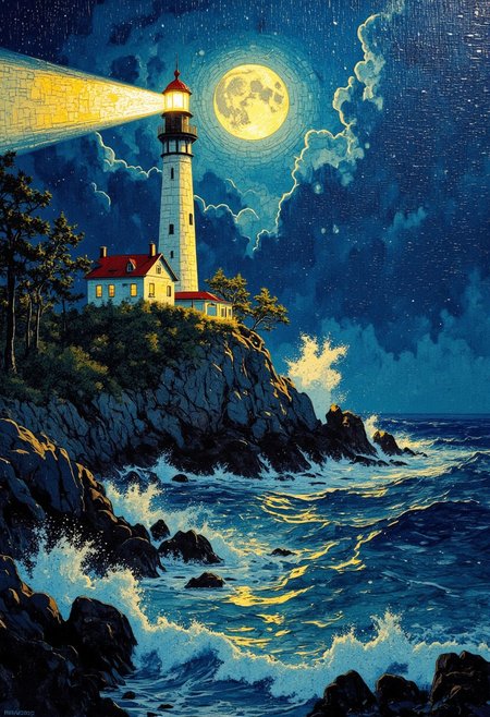 A grand lighthouse stands tall on a rocky coastline, its powerful beam slicing through a stormy night sky. Fierce ocean waves crash against the shore, glowing in deep blue tones under the moonlight. The small keeper’s house is nestled at the base, its windows faintly illuminated. The sky is a dramatic blend of darkness and misty clouds. The entire scene is recreated in an intricate mosaic style, with tiny ceramic and glass tiles forming every detail. Light and shadow interplay through carefully arranged tesserae, with subtle gradients and shimmering reflections. The lighthouse's golden glow contrasts with the stormy blue surroundings, emphasizing the dramatic atmosphere.