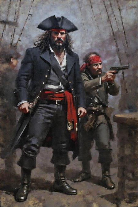 marklague1 painting.
schoonover1. A dramatic moment on a pirate ship. The central figure is a tall, muscular pirate captain with a dark beard and a menacing expression. He wears a black tricorn hat, a dark coat, and a red sash around his waist. He holds a saber in his hand. Beside him is a pirate wearing a bandana, aiming with a pistol.  <lora:marklague1_cap_d8a4e12:1.0><lora:855137263883919731:0>