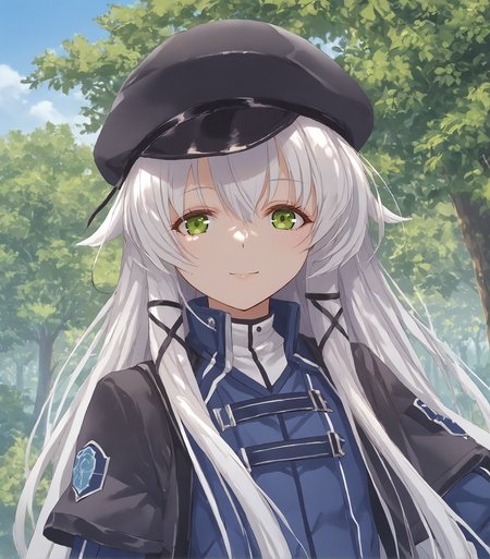 score_9, score_8_up, score_7_up, score_6_up, score_5_up, score_4_up, BREAK source_anime,
1girl, solo, <lora:AltinaOrionThors:0.9>, Altina Orion, white hair, long hair, sidelocks, tress ribbon, green eyes, flat chest, black hat, cabbie hat, blue shirt, school uniform, skirt, black pantyhose, white boots,
upper body, portrait, looking at viewer, smile,
outdoors, sky, trees, 
<lora:pottsness_style_xl:0.7>, <lora:rhasta:0.6>, <lora:piromizu_2:0.6>, <lora:MeMaXL_V3:0.6>,