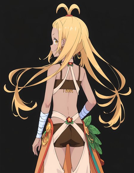 <lora:Liliana_Masquerade:0.9>lili4na_masquerad3, 1girl, solo, simple black background, back view, looking back,
 hoop earrings, bare shoulders, naval, shorts, bandeau, bandaged arm,