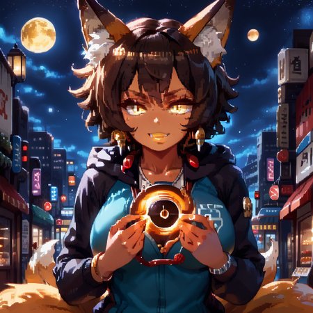 (score_9), score_8_up, score_7_up, 
anime
1girl, full body, mature woman, milf, detailed
(dark brown skin, beautiful, black hair, curly hair (large round afro: 1.4), (((Kitsune)), Fox ears, ((fox tail)), large tail, (nine tails), (multiple tails), saddle brown tails:1.2, black fur tips: 1.6), (yellow eyes, slit pupils: 1.4), (glowing eyes: 0.8), eyesHD, high gradient eyes, high definition eyes, detailed eyes, teeth with fangs, black claws, 
tattoo, hood, jewelry, bracelet, sleeveless, hoodie, 
(gigantic breasts, round breasts, huge ass, sexy, thick thighs), top heavy, black lipstick, silver jewelry, evil grin, sexy, (black hole in hand), holding black hole, handfixer, 
blue flames
Alleyway, night, event horizon, gravitational lensing
aduare_style, pixel art