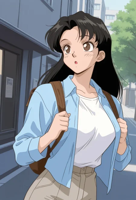 ktml_sakura, adult woman, film grain, 1girl, solo, standing, looking away, dutch angle, portrait,
day, sunlight, outdoors, window, building, street, tree, medium breasts,
black hair, long hair, messy hair, parted bangs, eyelashes, brown eyes, blush, :o,
blue collared shirt, white shirt, open shirt, grey pants, holding backpack, brown bag,
best quality,amazing quality,very aesthetic,absurdres
 <lora:ktml_sakura:1>