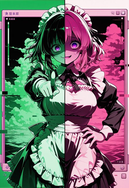 limited palette, pink, green, high contrast, (moshimoshibe:0.5), (qqqrinkappp:0.5),
(((split theme, polar opposites, dual persona))), yandere, scared, evil, grin,
cowboy shot,
hand on hip, pointing,
CivChan, purple eyes, pink hair,
[maid headdress], backlighting,
detailed background, pink cloud, window \(computing\), glitch,
[masterpiece, best quality, absurdres, very aesthetic, dynamic pose]