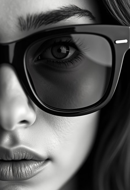 Portrait Photography. Close-up. Woman looking straight at the camera, her face reflecting the photographer's face in her sunglasses. Macro. High-contrast black and white photography style. Soft focus on the woman's face, sharp focus on the reflection in the sunglasses. Dust specks on the sunglasses lens. High-key lighting with a shallow depth of field. Best quality, cinematic, intricate details, soft bokeh, Permiter of the image slightly out of focus, shallow depth of field, captivating portrait, photography masterpiece.