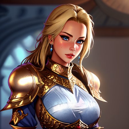 Masterpiece, high quality, 4K, beautiful design, shiny, from above, top angle, (redshift style:1.1), (analog style:1.1), sexy, realistic, photo shoot, professional, high contrast, blonde woman,[Ella Fanning|Elsa Jean], 1girl, solo, expressive look, HDR, highest quality, sharp focus, looking at viewer, facing viewer, 8k, blue eyes, wearing Paladin_glam armor, armor decorated with jewels, paladin armor, final fantasy xiv setting, <lora:Paladin_Glam:0.655>, (closeup:1.2), (extreme closeup:1.2), face focus,