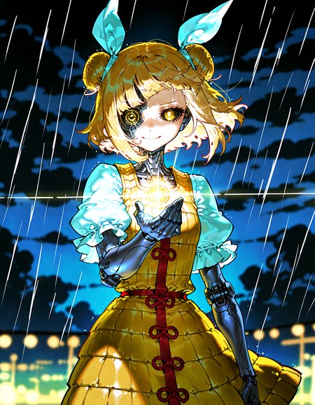optical illusion,ssambatea, quasarcake, Fishine,piaki, pochincoff:1.2 ,  joutouguu_mayumi, absurdres, highres ,1girl ,solo, blonde_hair, blurry, blurry_background ,closed_mouth, cloud ,dark_clouds, depth_of_field,dress, hair_ribbon ,looking_at_viewer , puffy_short_sleeves, puffy_sleeves ,rain ,ribbon ,shirt ,short_hair ,short_sleeves, ,white_ribbon, white_shirt ,yellow_dress ,yellow_eyes,mechanical_arms,,robot_girl, robot_joints, metal skin, robot body, yellow skin,mechanical_eye ,black_sclera ,colored_skin ,smile,mechanical body,android,no_humans,mechanical_hair,mechanical_jaw,terminator_(series) ,robocop,
<lora:illustrious_noobai_epsilon_pred_1_best_quality_v1:0.5> ,<lora:illustrious_noobai_epsilon_pred_1_masterpieces_v1:0.5>, <lora:ponyv4_noob1_2_adamW:0.5>, <lora:touhou_146:0.4>,
