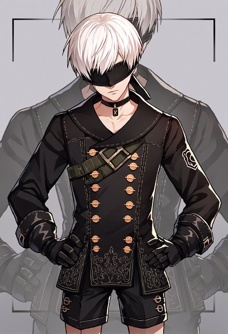 biomechanical cyberpunk score_9, score_7_up, source_anime, uncensored, cowboy shot, head tilt, from behind, zoom layer, (grim:1.2), hands on hips, :/, silent comic,
<lora:NierAutomata_9S_v1.0:1> 9S, 9s (nier:automata), 1boy, solo, gloves, shorts, black gloves, white hair, black blindfold, black choker, short hair, kneehighs, long sleeves, black jacket, double-breasted, jacket, buttons
. cybernetics, human-machine fusion, dystopian, organic meets artificial, dark, intricate, highly detailed