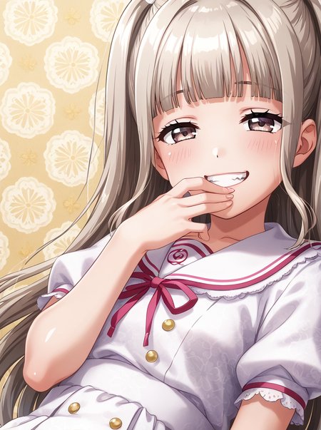 detailed background, shiny skin, 
<lora:kurumi.pony:1>,
kurumi,
half-closed eyes, hand to mouth, grin, covering mouth, leaning back,