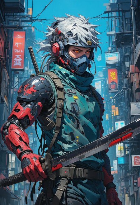 amazing cyberpunk anime artwork, thin lines, sharp,  (cyborg:.8)  man as ninja assassin with cybernetic implants. He is holding a katana.  Masculine, male, muscular, human, human face, red and black cybernetic arms
Fighting pose, holding katana
Lurking in the shadows of cyberpunk city background alley under neon 
 grey hair, covered mouth, mouth mask, red eye, scar across eye, forehead protector, gloves, konohagakure symbol, mature, green vest, 
lights<lora:BLUE_mk4_angel_FLUX_03:1.3> <lora:CPA:1>  <lora:FLUXEvolyzedV1:1>