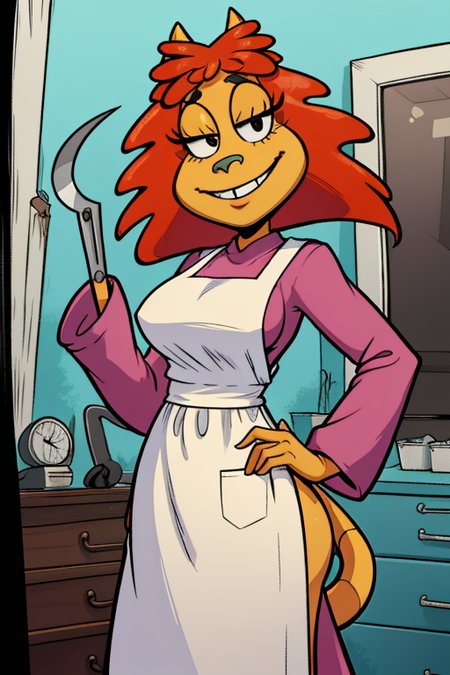 hutchison, solo, red hair,  yellow skin, animal nose, black eyes, smile, animal ears, tail above buttocks, standing, upper body,  ((right hand is  a sickle)),  large breasts, 
long sleeves, dress, apron, shoes, 
cartoon, doctors office, 
(insanely detailed, beautiful detailed face, masterpiece, best quality)        <lora:hutchison:0.8>