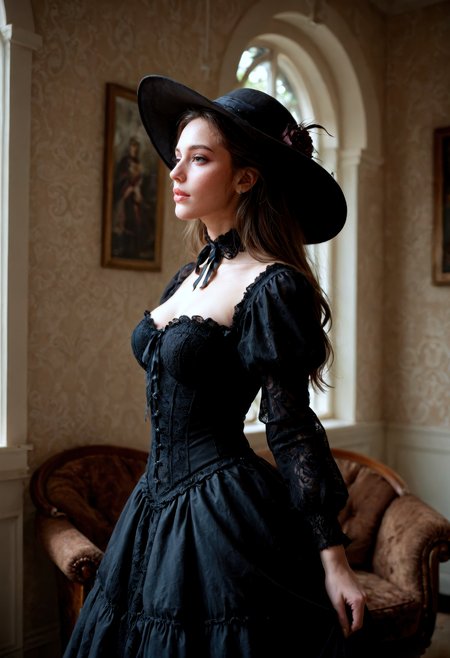 score_9, score_8_up, score_7_up, (masterpiece, best quality, ultra-detailed, realistic), a Victorian-era gothic woman standing elegantly, (wearing a wide-brimmed black hat:1.2), long flowing Victorian dress with intricate lace details and a (tight corset:1.1), pale skin, all-black clothing, dark and mysterious atmosphere, her expression calm yet haunting, standing in front of a dimly lit Victorian mansion, high contrast between her pale skin and dark attire, 8k resolution, cinematic lighting, medium shot, detailed face and fabric, side view, gothic elegance, eerie mood