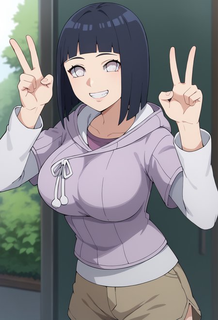 score_9, score_8_up, score_7_up,  source_anime,BREAK, 1girl,solo,hinapony, hooded jacket, , pearl eyes, layered sleeves,  <lora:HinataborutoPONYXL:0.7>, large breasts, smile,  brown shorts, v pose