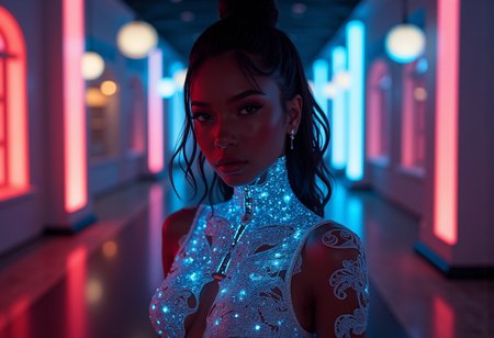 European-African 25yo woman, wearing elegant sexy minimal fashion with a vintage influence, backdrop of luxurious ambience created by dramatic modern lighting in a futuristic sexy colorful club,
sensual gaze, glowing-in-the-dark iridescent shimmering sparkling and neon theme, melancholic.
Highly detailed 32k cinematic photo-realistic render, dramatic shadowing and cinematic depth of field bokeh, temporality concept mixed media. 
Intensely staring at the viewer.
Life-like details. Cinematic. Dramatic. Dynamic. Extremely refined lines and and shapes. Extremely refined details on objects. Sharp details. Wide range of colors. Many details everywhere. Ray-Tracing. Anti-Aliasing. Realistic soft shadows. Low saturation colors. Insane quality. Insane resolution. Insane details. Masterpiece. 32k resolution. Everything brought to the absolute extreme for a dramatic effect. Composition wallpaper-like, optimized for 16:9 vision, subject centered far from edges.
bio ink all over her body, emitting glorious light