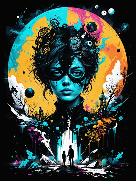 digital illustration of Space archaeologist uncovering ancient artifacts, Deranged, decaying mental asylum with haunting whispers in the background,,, fracolor minimalistic graffiti masterpiece, minimalism, 3d abstract render overlayed, black background, psychedelic therapy, trending on ArtStation, ink splatters, pen lines, incredible detail, creative, positive energy, happy, unique, negative space, face, artgerm   <lora:Misty_Vintage:0.5> <lora:xl_more_art-full_v1:0.5> <lora:fracolor:0.7>