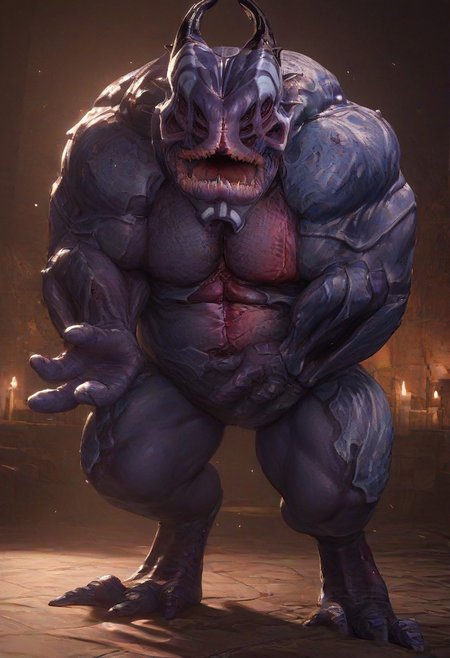 score_9, score_8_up, score_7_up, 1boy, Yahg, 
alien monster, four pairs of eyes, triangular mouth, sharp teeth, two large horns, 
scaly armored skin, large muscular body, giant body, 
three fingers, two fingers and one thumb, three toes,  solo,
multicolored skin, grey skin, purple skin, white facial tattoo, 
perfect detailed hands, soft lighting, subsurface scattering,