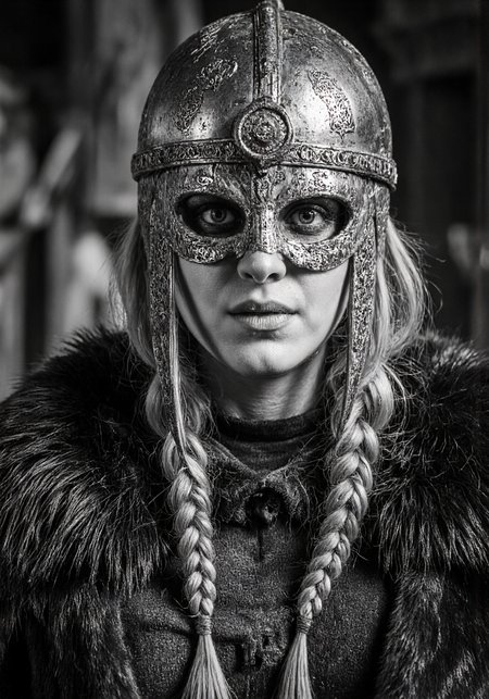 high-contrast black-and-white photograph of a fierce, warrior-like woman, likely inspired by Viking or Norse mythology. She has long, braided hair cascading over her shoulders and down her back. Her face is partially obscured by a metallic, ornate helmet that covers her forehead and eyes, adorned with intricate patterns and a prominent circular design. The helmet has a visor that casts shadows over her eyes, giving her an intense, focused expression. Her skin is pale, and she wears a dark, fur-lined cloak over her shoulders, adding a rugged, medieval texture to her attire. She has a stern, determined look, with her lips pressed together and her eyes focused intently on the viewer. The background is out of focus, creating a dramatic effect that emphasizes the subject. The overall tone of the image is dark and moody, with a sense of strength and resilience exuded by the warrior woman. The photograph captures the essence of ancient, fierce warriors, with a focus on detail and texture., aidmamjv7 <lora:aidmaMJv7-FLUX-v0.1:0.8>