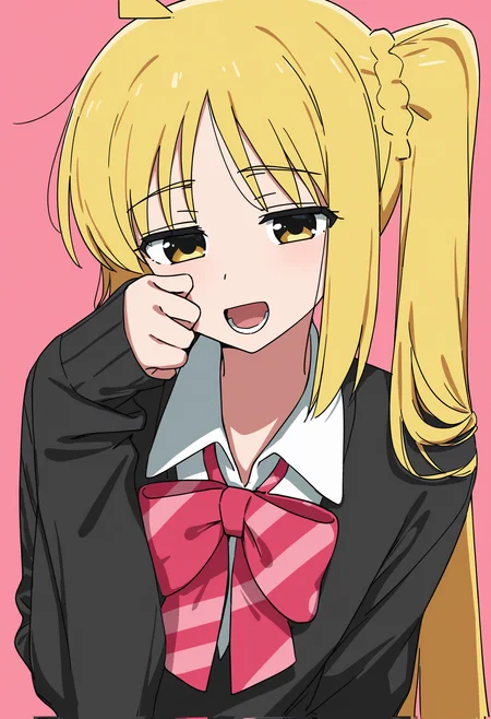 1girl, ijichi nijika, 
channelstyle, blonde hair, solo, bow, side ponytail, pink background, looking at viewer, shirt, long hair, collared shirt, long sleeves, yellow eyes, bowtie, white shirt, simple background, open mouth, red bow, ahoge, striped clothes, school uniform, diagonal-striped bow, cardigan, striped bow, hand on own face, upper body, pink bow, striped bowtie, lower teeth only, hand on own cheek, sleeves past wrists, pink bowtie, smile, diagonal-striped clothes, black cardigan, teeth,
masterpiece, best quality
 <lora:ChannelStyle-RASF-000100:1>