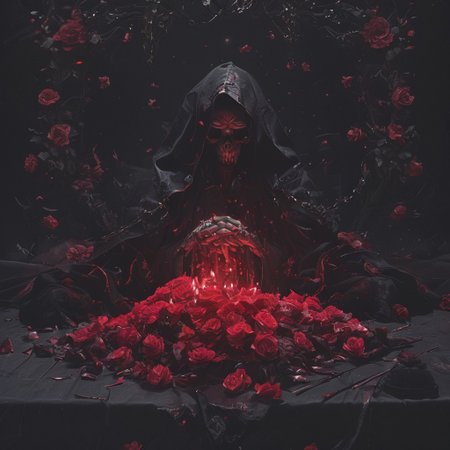 A cinematic shot of a evil demon witch casting magic, wearing black magical robe, casting red magic spells, surrounded by roses, dark atmosphere, hkhorror, hkmagic, masterpiece, best quality, highly detailed, sharp focus, dynamic lighting
