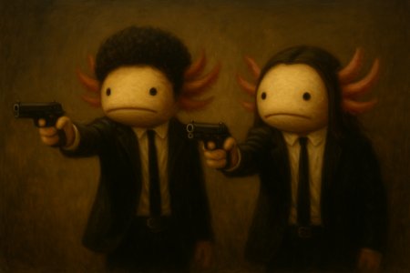 a traditional oil painting parodying the iconic pose from pulp fiction, reimagined with anthropomorphic axolotls. two axolotls in black suits and skinny ties stand side by side against a muted backdrop, each with one arm outstretched, aiming a pistol with a single-handed grip. their faces are plush and simplified — black dot eyes, rounded cheeks, no nostrils, and drooping gills. one axolotl has a fluffy afro wig, the other straight mid-length hair. the composition is calm and symmetrical, with dramatic lighting casting soft shadows behind them. the palette is restrained: black suits, white shirts, warm skin tones, and a neutral brown-gray background. the painting is rendered in velvety brushstrokes, evoking both humor and reverence for cinematic iconography.

