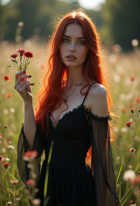A stunningly beautiful gothic woman embodying the essence of femininity, fertility, and purity, standing gracefully in a sunlit meadow filled with blooming wildflowers. Her long, flowing black redhair, reminiscent of red wine, cascades down her back, catching the light and shimmering like a halo around her. She wears a delicate, ethereal gown made of soft, black sheer fabric that billows gently with the breeze, accentuating her graceful figure and evoking a sense of innocence and serenity. The camera captures her from a low, upward angle, emphasizing her stature and the divine quality of her presence, making her appear as if she is emerging from nature itself. The sunlight filters through the trees, creating a dappled effect around her, and illuminating her flawless white skin, which glows with a natural radiance. Her deep blue eyes, reflecting the beauty of the meadow, are filled with warmth and compassion, inviting viewers to connect with her essence. In one hand, she holds a cluster of vibrant wildflowers, symbolizing life and fertility, while the other  hand gently rests on her heart, signifying love and purity. The background is a soft blur of colorful flowers and greenery, creating a dreamy atmosphere that enhances her ethereal beauty. This portrait captures not only the visual appeal but also the profound essence of womanhood, leaving viewers in awe of the stunning portrayal of femininity and grace.