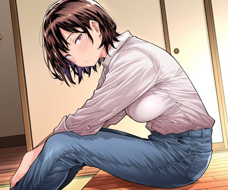 masterpiece, best quality, amazing quality, sfw, 1girl, solo, shirt, pants, looking at viewer,  sitting,   <lora:Aino Chie style ILL-v2.1:1> ainochie_style