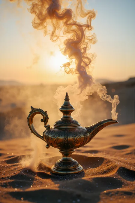an ancient, brass genie lamp sits half-buried in shifting desert sands. From its spout, plumes of swirling, multicolored smoke emerge, transforming into ethereal, otherworldly shapesâdragons, birds, and nebulous figures. The sun dips below the horizon, casting long shadows and bathing the scene in a warm, golden glow. Around the lamp, the sand glistens with tiny, iridescent particles that seem to float in the air, catching the last rays of sunlight. The lamp itself is heavily detailed, with ornate carvings and a soft, weathered sheen. The textures of the polished brass, the flowing smoke, and the grainy sand come together to create a tactile, dreamlike atmosphere.<lora:aidmaMJ6.1-FLUX-V0.1:0.6><lora:Movie_Portrait><lora:Flux DetailerV2>