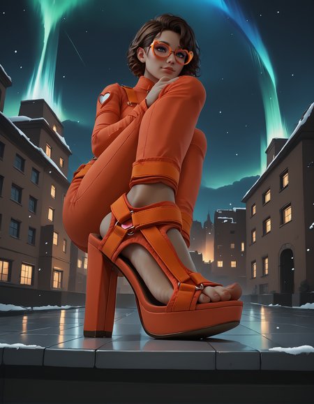 1girl, dark skin,
squatting, (rooftop:1.3), (skyline:1.2),  
from side,
red bodysuit, heart-shaped cutout, sexy attire,
brown hair, short hair, curly hair, 
(sp0rts4nd4l heels), feet, toes,
fromb elow, foot focus,
heart-shaped glasses, orange frame glasses,
snowing, aurora borealis, 
night, dark, dark background, Low-key lighting,
color grading,
embedding:zPDXL2 ,
