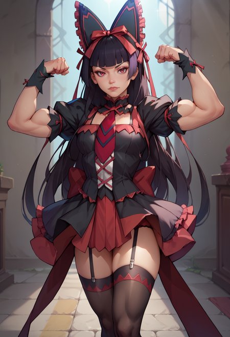 score_9, score_8_up, score_7_up,  1girl, rating_saffe 1girl, <lora:rory_mercury-PD-1.0:1>lingerie rory mercury, dress, hair ribbon, puffy sleeves, necktie, thighhighs, garter straps, flexing