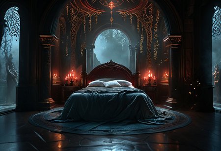 hkmagic detailed wide shot, low angle, wide shot, a celtic princesse of extraordinary beauty Eerie reality, her body covered by celtic runes bioluminescent tatoos glowing with power and magic, lying on a luxury fantasy bed in a room illuminated by candles, her body visible through a transparent golden veil covering the baldaquin bed, the bed culumns are spiraling sculppted dragon made of ivory and dark wood, red hair, naked,, mist, ciaroscuro, 8k cinematic shot,  Intricate, High Detail, Sharp focus, dramatic, colorful details, intricate details,hyper realistic, ultra detailed,  volumetric lighting, 8k post-production, Chiaroscuro Lighting Style, elven architecture