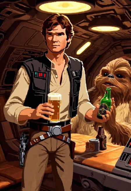 lucasarts style, a drunk Han solo is holding a glowing bottle of beer in a millennium falcon <lora:lucasarts style:1>