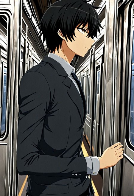 high resolution, solo, best quality, 1Boy, Seiya Kanie, black hair, short hair, thin, train, inside train, OverallDetail