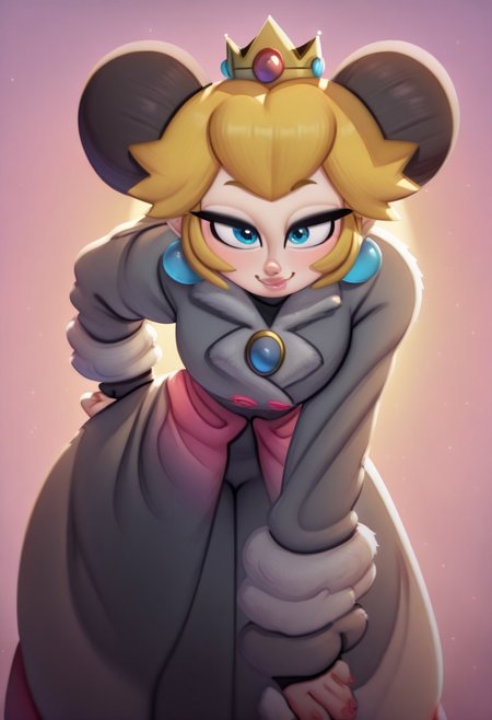 masterpiece, best quality, newest, absurdres, highres, 1girl, <lora:PrincessPeach_NoobAI_Incrs_v1-000012:1>, princess peach, crown, earrings, blue eyes, twintails, afro hair, cute smile, blue gray off-soulder fur coat, (leaning forward:1.9), school, close-up, portrait, solo, p0ch1