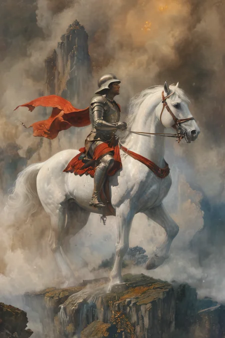 dark atmosphere, (a knight riding a white horse), (high polisht armor, glossy armor), epic landscape, realistic backround, masterpiece, highres, <lora:add-detail-xl:0.8>