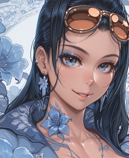 <lora:parkjinsuky:1> parkjinsuky,
(masterpiece), (best quality), (ultra-detailed), amazing quality, very aesthetic, illustration, perfect composition, intricate details, absurdres, incredibly absurdres, shiny skin, realistic,
 parkjinsuky, 1girl, solo, eyewear on head, black hair, looking at viewer, sunglasses, blue eyes, long hair, jewelry, earrings, flower, portrait, parted lips, smile, blue theme, lips, general