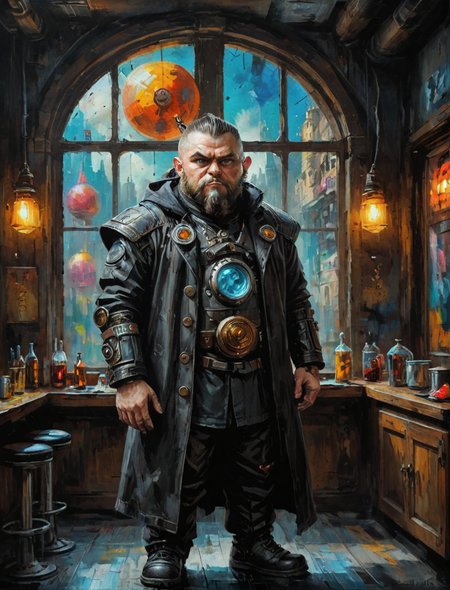Oil painting of a oil painting of a futuristic dwarf warrior, black shirt, long coat, cyberpunk bar, large window background, hyper realistic, super detailed, Science Fiction, D&D, trending on art station, tb, <lora:ThickBrush:0.5> <lora:drkkaw_epoch_10:0.5>