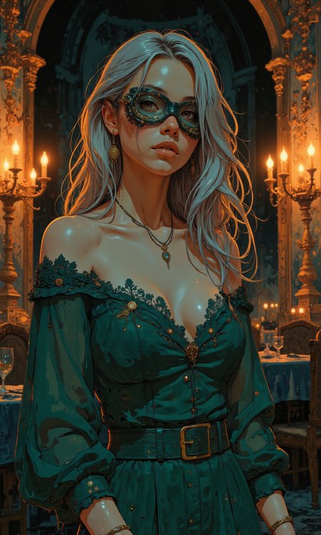 A regal and enigmatic female character portrayed as a regal enchantress in an opulent setting. Her striking violet eyes are highlighted by an intricate masquerade mask, encrusted with amethyst gemstones, lending her an air of mystery. Flowing waves of silver hair cascade down her shoulders, contrasting vividly with her sumptuous emerald gown adorned with golden filigree and delicate lace. She stands gracefully, flanked by tall, ornate candelabras casting a warm, soft glow that creates a rich interplay of light and shadow. The opulent background showcases rich velvet draperies and gilded ornamentation, enhancing the aura of sophistication and elegance. The character's poised demeanor and subtle enigmatic smile suggest a story untold. Capture this masterpiece in ultra-high definition, rich detail, and impeccable composition, delivering a transcendent visual experience. <lora:flux_dev:1> <lora:sxz-Dark-Fantasy-v2-Flux:0.5> <lora:It's a LoRA for portraits, BUT! actually specialized in backgrounds. v1.0:0.8> <lora:Kodak Motion Picture Film style v1:0.4>