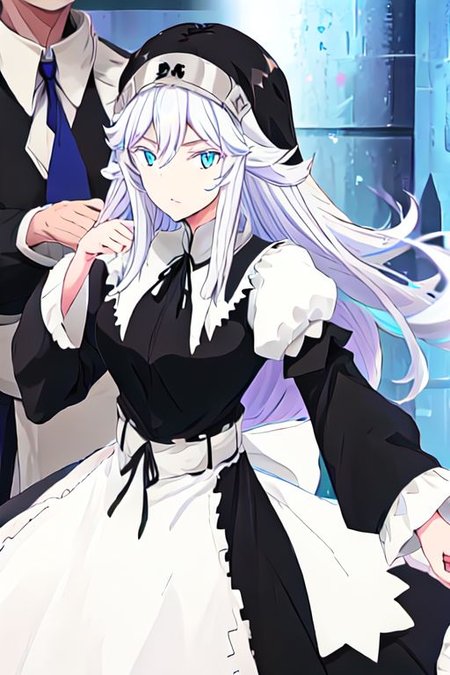 solo, 1girl, solo_focus, 
sister ivry, long hair, bangs, blue eyes, hair between eyes, white hair,, maid, nun, habit, puffy sleeves, long sleeves, dress, black dress,