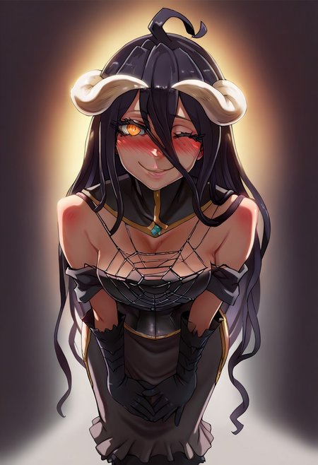 score_9, score_8_up, score_7_up, masterpiece, best quality, absurdres, vibrant, highly detailed, 1girl, solo, Asanagi, Albedo_(Overlord), tight black overbust corset, seductive smile, blush, wink, slightly bending forward