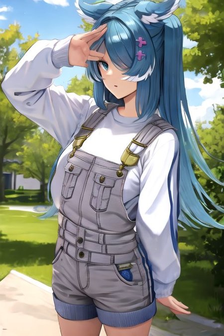 solo_focus, 1girl, (((masterpiece))), ((best quality)), ((ultra-detailed)), high resolution, absurdres, highres, ultra-detailed 8k unity wallpaper, 
elira1st, long sleeves, overalls, white sweater, off shoulder, grey gloves, one eye covered, overall shorts,