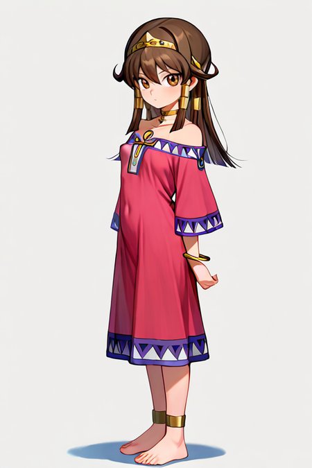 masterpiece, High quality, Ultra detailed, 2d, newest, absurdres, highres, BREAK
1girl, solo, egyptian, <lora:sera:0.8>, sera_(yu-gi-oh!), long hair, brown hair, sidelocks, hairband, hair tubes, jewelry, hair between eyes, brown eyes, choker,
small breasts, seradef, off-shoulder dress, dress, ankh, bracelet, foot, barefoot, 
full body, standing, looking at viewer, from side,