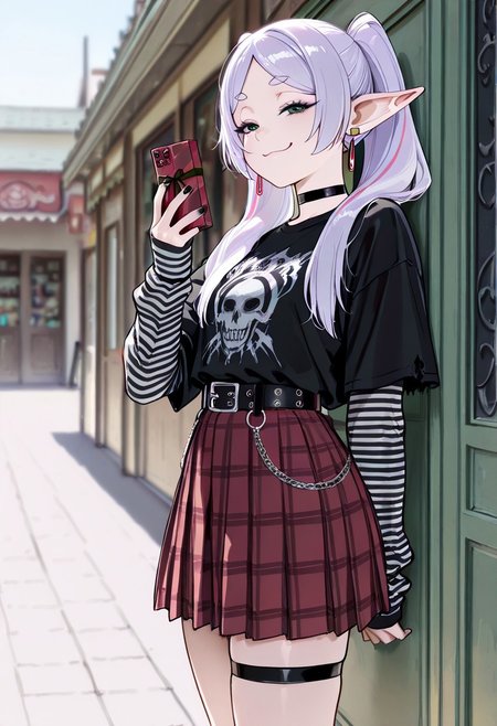 masterpiece, best quality, high score, great score, ultra-detailed, intricate details, very aesthetic, newest, hires, absurdres, from side, <lora:PunkPlaidILL:0.8>, 1girl, solo, frieren,  , white hair, streaked hair, black eyeliner, emo fashion, punk, choker, t-shirt, black shirt, print shirt, short over long sleeves, layered sleeves, sleeves past wrists, torn clothes, torn sleeves, frayed clothes, frayed sleeves, thumb hole sleeves, striped clothes, pleated skirt, red skirt, plaid, belt, thigh strap, black nails, standing, against wall, hand up, right in fron of viewer, smug face, she hide somthing behind her back, ready for a surprise, looking at viewer, bored, outdoors, day, storefront, depth of field, blurry background,   you can just give this kind of thing to men and they will be thrilled (meme), smug, holding "gift box"
