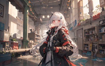 ((pixel art)),masterpiece, best quality, cinematic lighting,soft lighting,(1girl :1.3),morning,red eyes,beautiful white hair,(TechWear :1.1),transparent raincoatblack gloves,Black coat,(with red ornaments:1.05),(with blue ornaments:1.03),looking to the side,flat chest,raining,beautiful detailed water,beautiful detailed sky,ruins