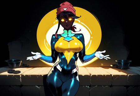 STYLES | PONY & ANIMAGINE
score_9, score_8_up, score_7_up , masterpiece, beautiful,1 girl,
SkylaCruzPXL, 1girl, solo,Skyla,   freckles, dark skin, dark-skinned female,black hair,black eyes, short ponytail,short hair, ponytail,beanie, red and green colored beanie, shaded face, glowing eyes, shaded face, (black face:1.2) yellow, yellow suit, full body ,standing, alley,
,SinestronCOS,thighhighs,white  gloves,skin tight,bodysuit,superhero,black bodysuit,yellow bodysuit,sinestrocorps symbol on chest, , knee boots, white boots,sinestrocorps symbols on chest, anime art style,