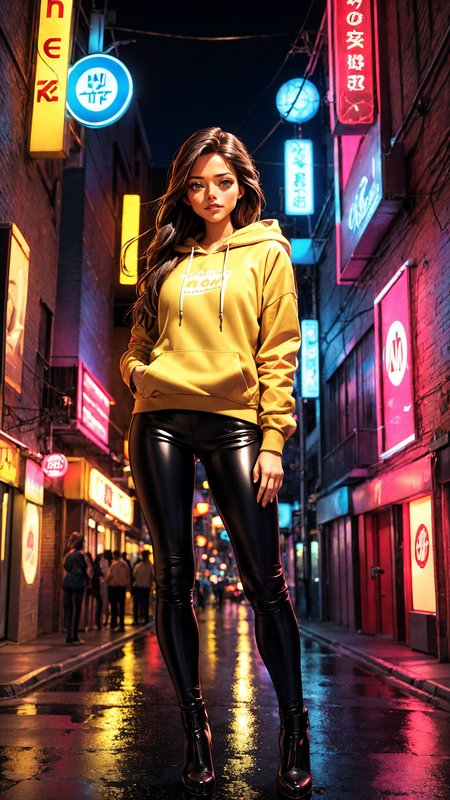 samrelagado, 3d background, crowded, 
3D, hyper detailed, young woman, standing with arms crossed, serious expression, long brown hair with highlights, golden hoodie, black leather pants, urban alley, neon signs, city at night, soft reflections, perfect proportions, realistic hands, vibrant colors
<lora:add_detail:0.4>