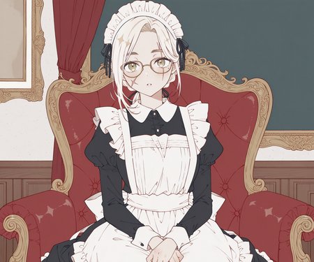 masterpiece, best quality, amazing quality, , 1girl, solo, glasses, scar on face, looking at viewer,maid, maid headdress, sitting, mature female,  <lora:o0Platinum0o style ILL-v2:1>  o0Platinum0o, detailed background