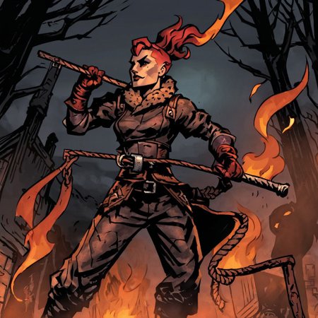 high-definition 8k comicish artwork in dgst artstyle of an acrobat woman at night, (buzzcut, gambeson, fur belt, short sleeves, loose breeches, gloves), firebreathing, smoke and fire effects, holding staff on fire