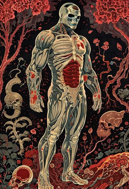 human anatomy cross-sections layers, skin peeled revealing doom slayer blood petals musculature, lush scarlet red hellscape, hellfire, fiery organ systems, demonic neural  network harsh spikes composing bone structures, intricately detailed vascular vegetal networks, intertwining roots vine musculature, vibrant jewel-toned black spikes pistils stamens bloodied viscera, verdant emerald moss creeping skin textures, life sprouting from earthy interior, Doomguy, soviet poster, all written in soviet style posters, full body,