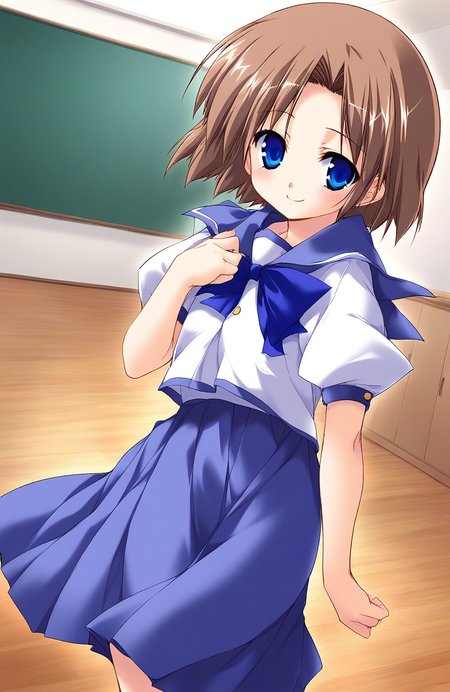 score_9, score_8_up, score_7_up, source_anime, rating_explicit, BREAK   <lora:Shiki_Akimi_Ver2.0_XL:1> ShikiAkimi, brown hair, blue eyes, short hair, short stack,
 solo, school uniform, blue skirt, long skirt, 
room, flooring, curtain, 
smile, 
looking at viewer, 
cowboy_Shot,