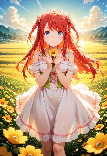 1girl, solo, masterpiece, best quality, newest, absurdres, CG, anime, source anime, illustration, very aesthetic, high resolution, ultra-detailed, newest, scenery, medium depth of field, rule of thirds, masterpiece-level, clean lines, sharp, focused subject, <lora:Theresia_van_Astrea_r1:1>
BREAK 1girl, solo, Theresia_van_Astrea, t_theresia, hair ornament, blue eyes,long hair, red hair,flower, hair flower,two side up,
white dress, dress
dynamic pose, standing, happy, smiling, blushing, joyful
outdoors, meadow, flowering wildflowers, poppies, cornflowers, day ,sunny
cinematic angle, various angles, detailed background, beautiful background, (rays light:1.0),(grow:1.0), light particles