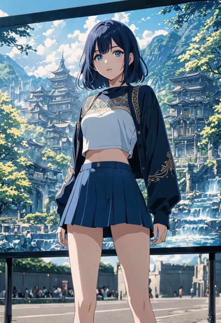 gorgeous lips, cinematic, (masterpiece), (best quality), (ultra-detailed), very aesthetic, perfect composition, intricate details, absurdres, detailed face, (anime, masterpiece, intricate:1.3), (best quality, hires textures, high detail:1.2), (4k),(incredibly detailed:1.4) 
1girl, dark blue hair, BREAK, vibrant eyes, light blue eyes, crop top, miniskirt, skinny body, medium breasts,
outdoors, full body,
intricate details, anime screen cap, AddXL